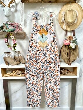 Artisan Upcycled patchwork boho floral overalls w prairie cottagecore vibe